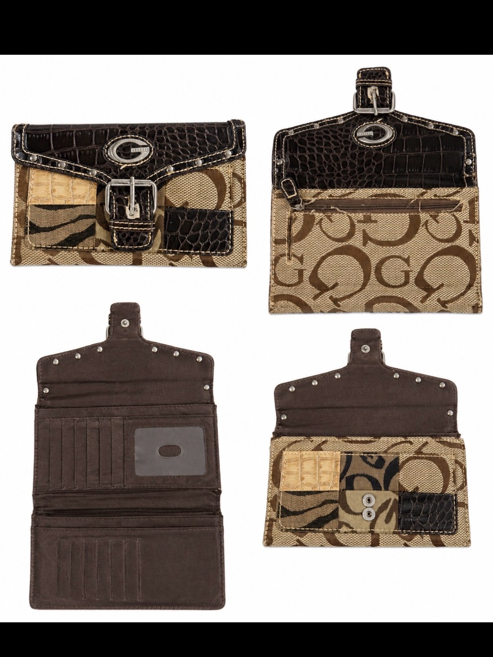 Vintage Guess Brown Signature Canvas & Croc-Embossed Leather Men's Wallet